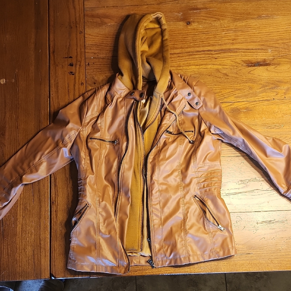 Tan Faux Leather Jacket with Hoodie